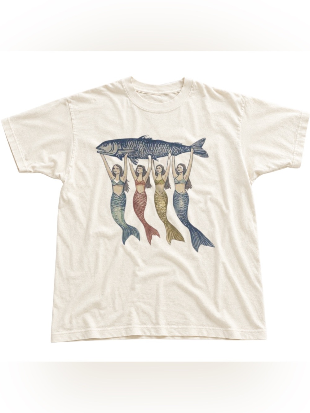 Off White Mermaid Fish Graphic Tee - Unbranded Vintage